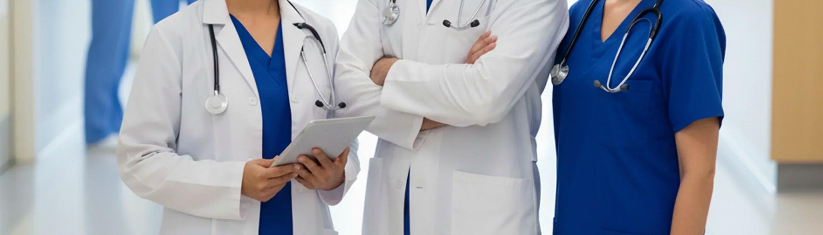 Equipo médico de la clínica con batas y estetoscopios